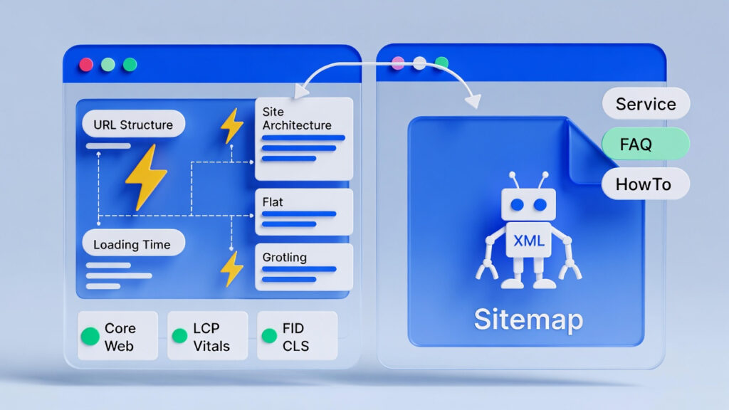 Step 2: Technical SEO + AI Foundation
Modern GEO requires a search-everywhere technical base:
Clean URLs and flat architecture
Fast page load and Core Web Vitals optimization
XML sitemaps readable by AI crawlers
Service, FAQ, and HowTo schema markup
These signals help Google and LLMs understand your content as structured data, improving AI answer inclusion.