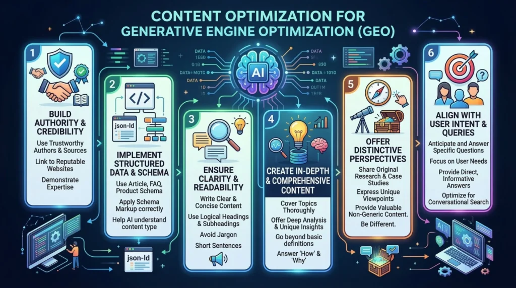 An infographic titled "Content Optimization for Generative Engine Optimization (GEO)" featuring six key steps illustrated with icons and a central AI brain motif:
Build Authority & Credibility: Emphasizes using trustworthy authors, linking to reputable websites, and demonstrating expertise.
Implement Structured Data & Schema: Suggests using Article, FAQ, and Product schema to help AI understand content types.
Ensure Clarity & Readability: Highlights writing clear, concise content with logical headings and short sentences while avoiding jargon.
Create In-Depth & Comprehensive Content: Encourages covering topics thoroughly with deep analysis and answering "How" and "Why."
Offer Distinctive Perspectives: Suggests sharing original research, case studies, and unique viewpoints to provide non-generic content.
Align with User Intent & Queries: Focuses on anticipating specific questions, providing direct answers, and optimizing for conversational search.
The bottom corners show a desktop monitor and a laptop, and the overall design uses a futuristic blue and neon color scheme.