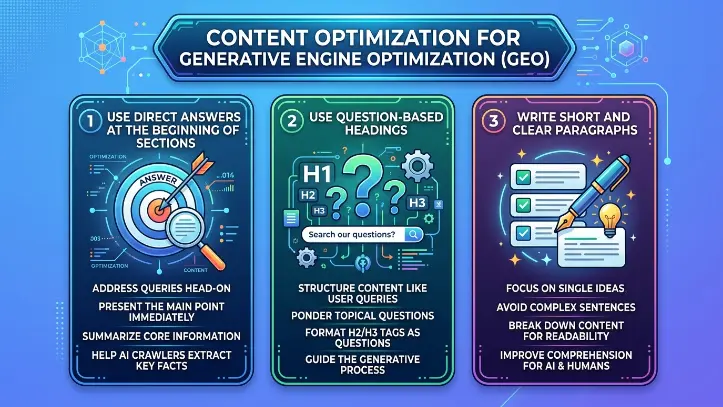 An infographic titled "Content Optimization for Generative Engine Optimization (GEO)" that details three key practices:
Column 1: USE DIRECT ANSWERS AT THE BEGINNING OF SECTIONS (An icon shows an arrow hitting a bullseye marked "ANSWER" and a magnifying glass): Address queries head-on. Present the main point immediately. Summarize core information. Help AI crawlers extract key facts.
Column 2: USE QUESTION-BASED HEADINGS (An icon shows question marks with an H1, H2, and H3, with a search bar that says "Search our questions?"): Structure content like user queries. Ponder topical questions. Format H2/H3 tags as questions. Guide the generative process.
Column 3: WRITE SHORT AND CLEAR PARAGRAPHS (An icon shows a checklist with a pen and lightbulb): Focus on single ideas. Avoid complex sentences. Break down content for readability. Improve comprehension for AI & humans.