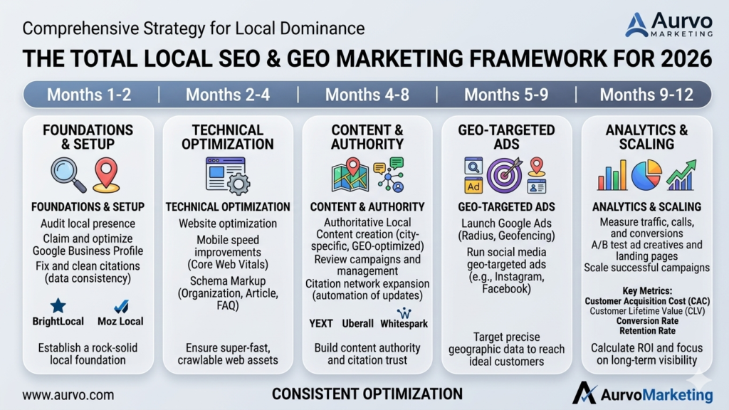 An infographic titled "GEO Optimization Implementation Roadmap" detailing a 12-month strategy. The timeline is broken into five phases:
Months 1-2: Audit local presence, claim Google Business Profile, and fix citations.
Months 2-4: Website optimization, mobile speed improvements, and schema implementation.
Months 4-8: Local content creation, citation expansion, and review campaigns.
Months 5-9: Launch Google Ads and social media geo-targeted ads.
Months 9-12: Data analysis, A/B testing, and scaling successful campaigns.
The footer notes "Consistent optimization" and features the Aurvo Marketing logo.