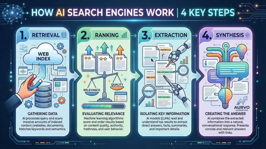 Infographic explaining the 4-step process of how AI search engines work: Retrieval, Ranking, Extraction, and Synthesis. The graphic by Aurvo Marketing details how LLMs scan web indexes, evaluate relevance, and synthesize data into conversational answers with direct citations.
