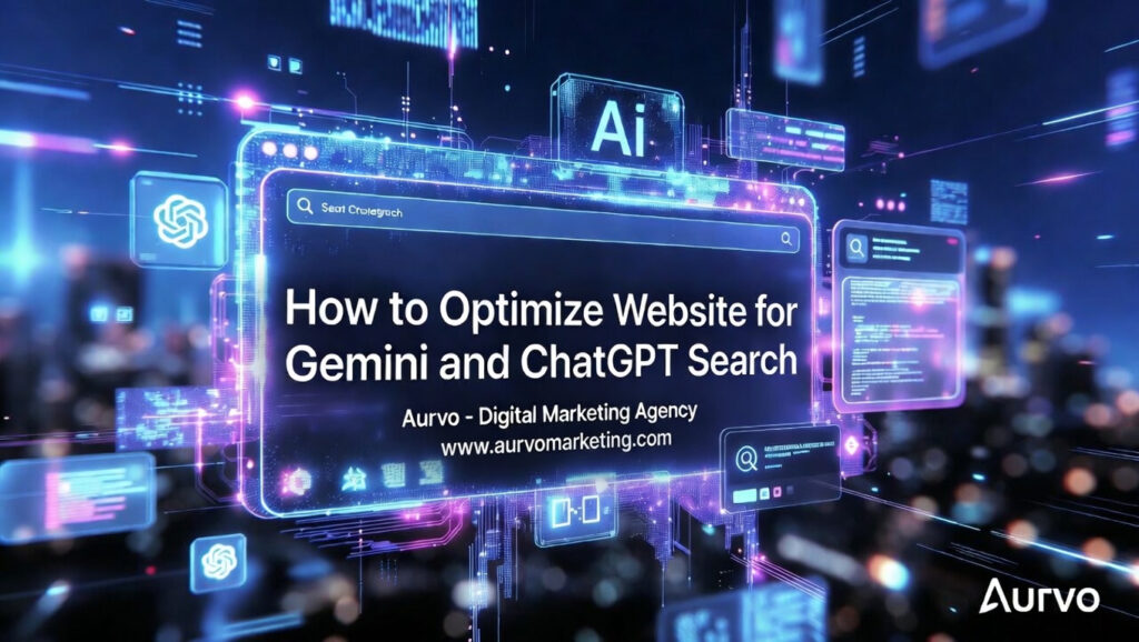 Aurvo Digital Marketing Agency titled, “How to Optimize Website for Gemini and ChatGPT Search,” shows an interface of data visualizations and symbols including the ChatGPT logo, AI, and magnifying glasses.