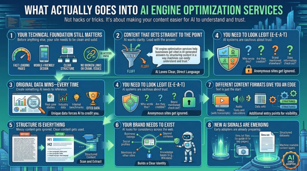 An educational infographic titled "WHAT ACTUALLY GOES INTO AI ENGINE OPTIMIZATION SERVICES," subtitled "Not hacks or tricks. It’s about making your content easier for AI to understand and trust." The graphic uses a tech-focused blue and green theme with a flowchart layout containing eight numbered steps:
YOUR TECHNICAL FOUNDATION STILL MATTERS: Focuses on site health, featuring icons for fast loading pages, mobile-friendly design, clear structure, and no broken links.
CONTENT THAT GETS STRAIGHT TO THE POINT: Uses a funnel icon filtering out "FLUFF" to leave clear, direct language that AI loves.
ORIGINAL DATA WINS—EVERY TIME: Highlights "Case studies," "Industry data," and "Internal benchmarks" as unique data that forces AI to credit the source.
YOU NEED TO LOOK LEGIT (E-E-A-T): Features a shield icon representing Experience, Expertise, Authority, and Trust. It asks key credibility questions like "Who wrote this?" and "Are they credible?"
STRUCTURE IS EVERYTHING: Shows a "Before and After" comparison of messy text versus organized content with H1/H2 tags and bullet points for easier scanning and extraction.
YOUR BRAND NEEDS TO EXIST: Displays a central brand node connected to social profiles, business listings, mentions on other sites, and knowledge bases like Wikidata to build a clear identity.
DIFFERENT CONTENT FORMATS GIVE YOU AN EDGE: Lists videos (with transcripts), audio tools, calculators, and datasets as additional entry points for visibility.
NEW AI SIGNALS ARE EMERGING: Shows a futuristic portal representing early adopters, focusing on "llms.txt" files, structured datasets, and machine-readable content layers.
The bottom right corner features an "AI EARLY ADOPTER" seal.