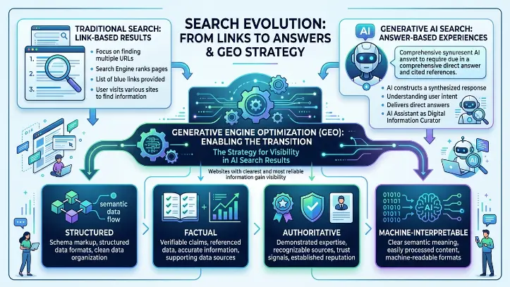 A comprehensive infographic titled "Search Evolution: From Links to Answers & GEO Strategy" illustrating the transition in digital search:
Traditional Search: Described as "Link-Based Results," focusing on finding multiple URLs and providing a list of blue links for users to visit.
Generative AI Search: Described as "Answer-Based Experiences," where AI constructs synthesized responses, understands intent, and delivers direct answers with cited references.
The Transition (GEO): A central section titled "Generative Engine Optimization (GEO): Enabling the Transition" identifies the strategy for visibility in AI search results through four pillars:
Structured: Using schema markup and clean data organization.
Factual: Utilizing verifiable claims and referenced data.
Authoritative: Demonstrating expertise and trust signals.
Machine-Interpretable: Creating clear semantic meaning in machine-readable formats.