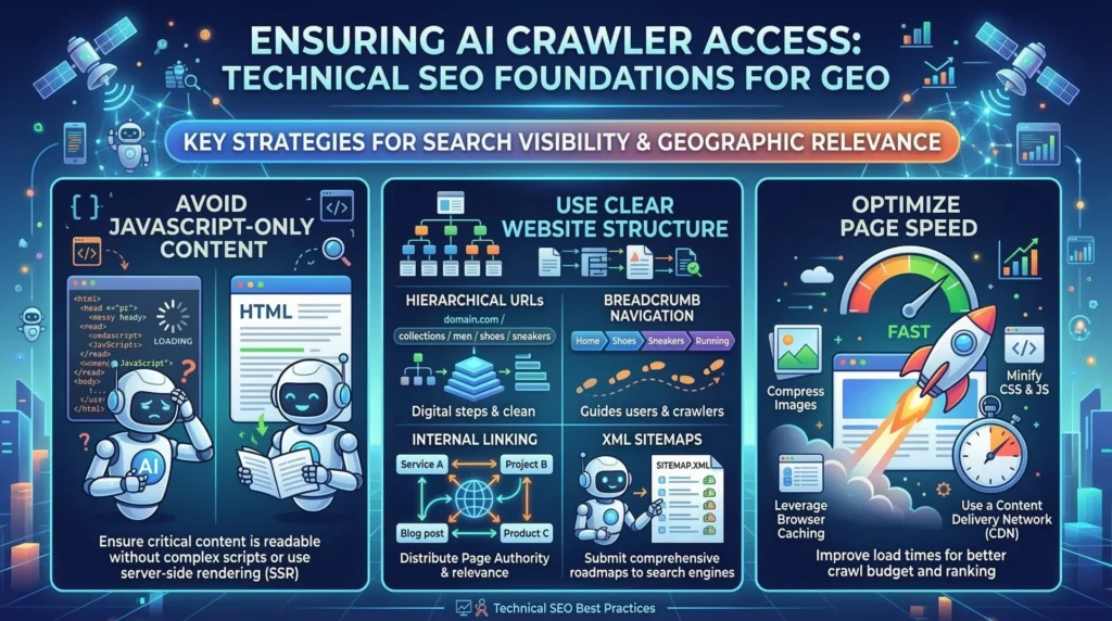 An infographic detailing key Technical SEO strategies to ensure AI crawler access and GEO (Geographic Relevance). The image outlines three columns of best practices: 1) Avoiding JavaScript-only content via server-side rendering (SSR) for readability. 2) Using a Clear Website Structure with hierarchical URLs, breadcrumbs, internal linking, and XML sitemaps to guide crawlers. 3) Optimizing Page Speed through image compression, minified code, caching, and a CDN to improve load times for better crawl budget and ranking.