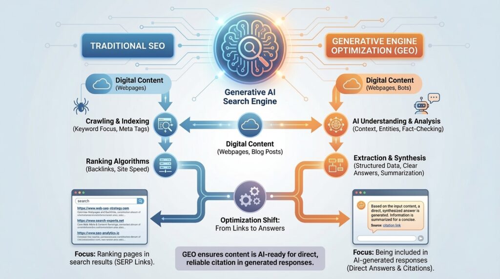A comparison of Traditional SEO vs. Generative Engine Optimization (GEO). The graphic shows a central Generative AI Search Engine. On the left, "Traditional SEO" with processes: Digital Content (Webpages) -> Crawling & Indexing -> Ranking Algorithms -> final Search Result Pages with links. Focus: Ranking pages. On the right, "Generative Engine Optimization (GEO)" with processes: Digital Content (Webpages, Bots) -> AI Understanding & Analysis -> Extraction & Synthesis -> final Generative AI response with citations. Focus: Being included in AI-generated answers. A central arrow indicates an "Optimization Shift: From Links to Answers". Bottom text: "GEO ensures content is AI-ready for direct, reliable citation in generated responses.