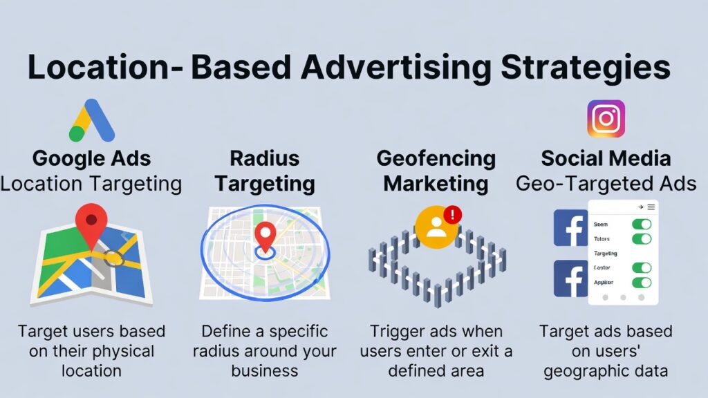 Infographic titled "Location-Based Advertising Strategies" outlining four methods: Google Ads Location Targeting (targeting based on physical location), Radius Targeting (defining a specific distance around a business), Geofencing Marketing (triggering ads when users enter/exit a defined area), and Social Media Geo-Targeted Ads (targeting via platform geographic data).