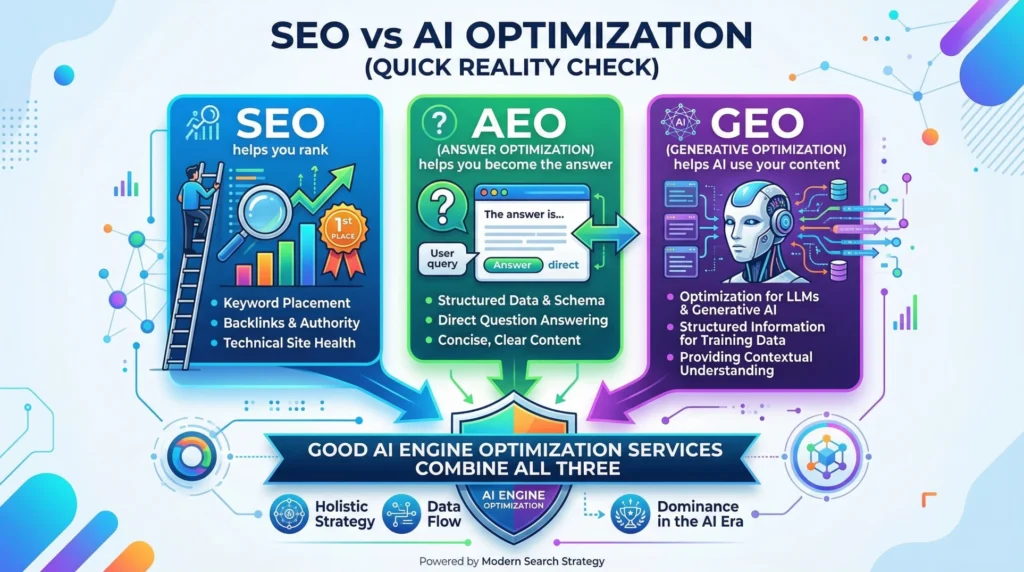Infographic titled "SEO vs AI OPTIMIZATION (QUICK REALITY CHECK)" comparing three pillars of digital visibility.
SEO (Search Engine Optimization): Represented by a person climbing a ladder toward a "1st Place" medal. Focuses on keyword placement, backlinks, and technical site health to help you rank.
AEO (Answer Engine Optimization): Represented by a question mark and a browser window. Focuses on structured data, schema, and direct question answering to help you "become the answer."
GEO (Generative Optimization): Represented by a robotic head and data flow icons. Focuses on LLM optimization and providing contextual understanding to help AI use your content.
The bottom section features a shield labeled "AI ENGINE OPTIMIZATION" and states that "GOOD AI ENGINE OPTIMIZATION SERVICES COMBINE ALL THREE" for a holistic strategy and dominance in the AI era.