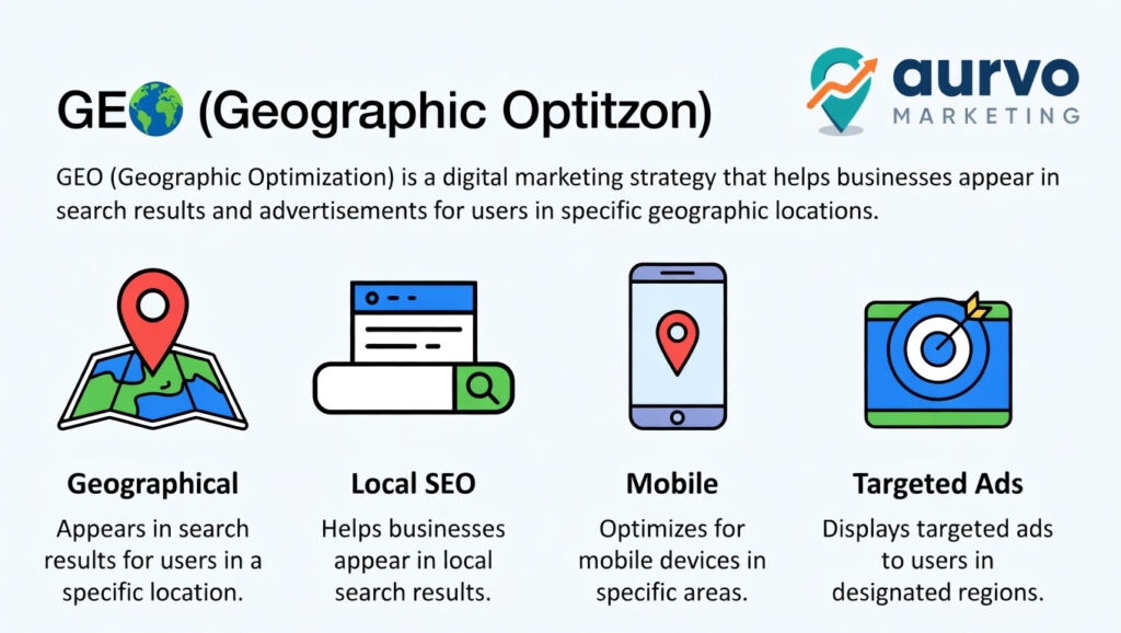 GEO (Geographic Optimization) is a digital marketing strategy that helps businesses appear in search results and advertisements for users in specific geographic locations.
It focuses on connecting local customers with nearby businesses when they search for services.
For example:
“dentist near me”
“best pizza in Chicago”
“plumber in Dallas”
These searches trigger location-based results in Google Maps and local search listings.