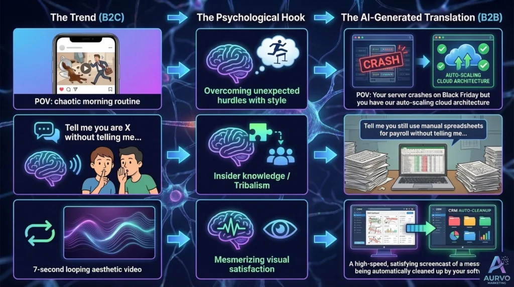 An infographic by Aurvo Marketing demonstrating how B2C social media trends can be translated for B2B marketing. The chart shows three columns: 'The Trend (B2C),' 'The Psychological Hook,' and 'The AI-Generated Translation (B2B).' It maps B2C trends like 'chaotic morning routine' and the 'tell me without telling me' meme to psychological hooks like 'overcoming hurdles' and 'insider knowledge,' then translates them into B2B marketing concepts like 'auto-scaling cloud architecture' and the problems with 'manual spreadsheets for payroll.