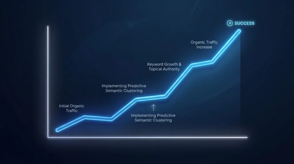Line graph illustrating the organic traffic and keyword growth generated by implementing a predictive semantic clustering strategy.