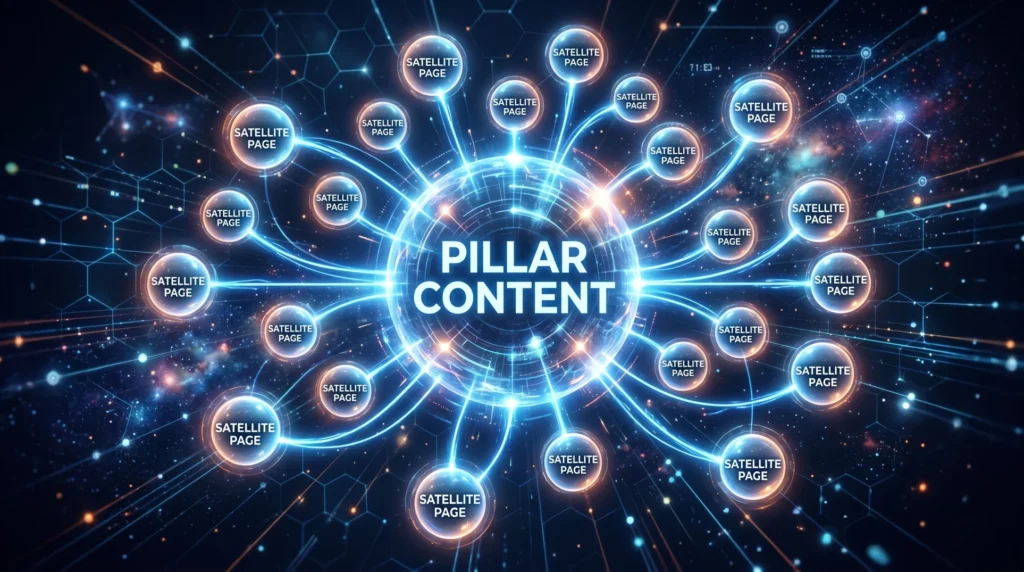 The hub and spoke content model demonstrating how pillar pages and satellite pages group together to build topical authority.