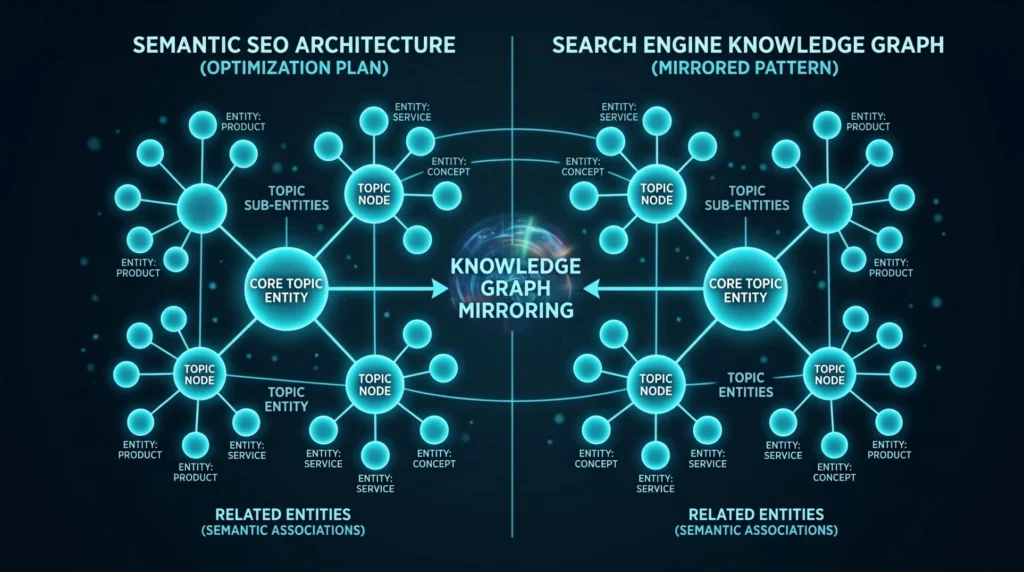 Diagram showing how a semantic SEO architecture mirrors a search engine knowledge graph by connecting related topic entities