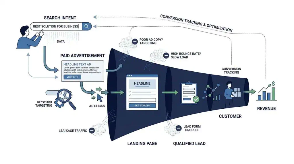 Paid advertising funnel from search intent to customer revenue