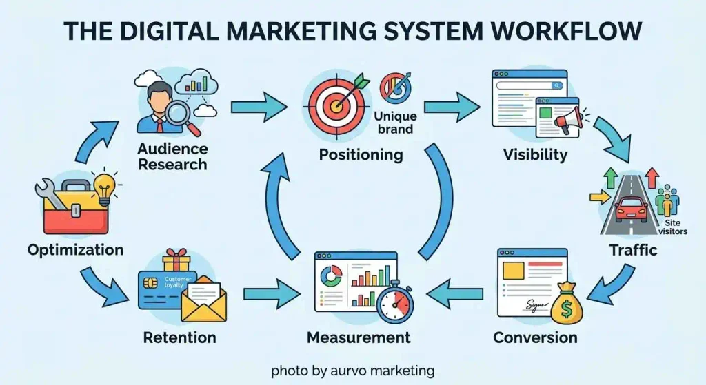 The Digital Marketing System Workflow," which is a circular flow of eight icons and concepts, with large light blue arrows indicating the progression. The sequence begins at the top left with a man using a magnifying glass on data (Audience Research), moving right to a dart on a bullseye and unique brand icon (Positioning), a web browser and megaphone (Visibility), a car driving and visitors (Traffic), a money bag with dollar sign and website with a signature (Conversion), an analytics dashboard and stopwatch (Measurement), a gift box and email open envelope (Retention), and a toolbox with tools and a lightbulb (Optimization), leading back to Audience Research. A large blue arrow forms a central U-shape. Below the infographic, the text "photo by aurvo marketing"