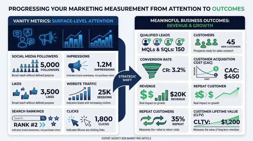 Comparison of digital marketing vanity metrics and business ROI metrics