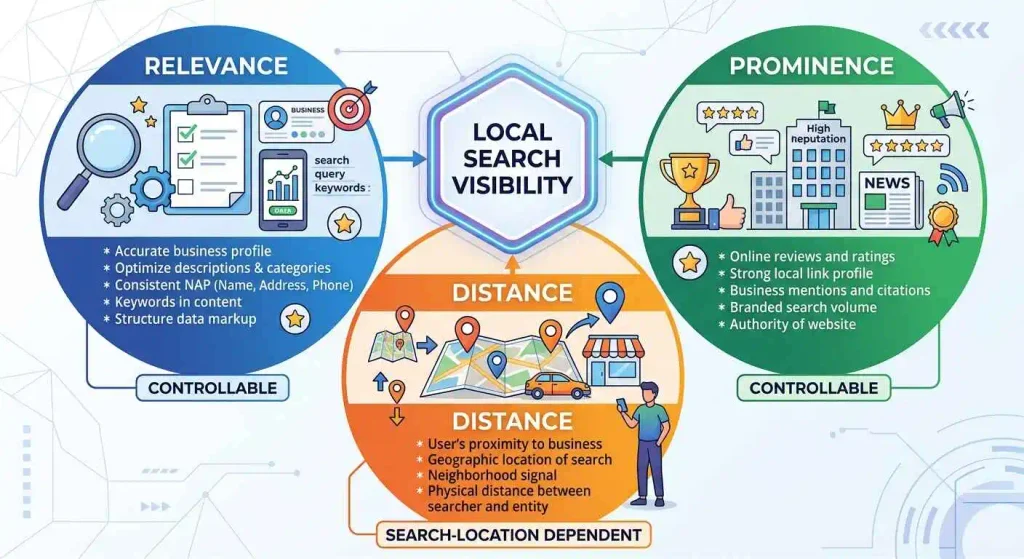 A three-part infographics diagram illustrating the key factors influencing "Local Search Visibility," which is displayed in a central blue hexagonal badge with arrows pointing toward it. Left Section (Relevance): A blue circular icon featuring a magnifying glass, checklist, business profile, and search query keywords. Bullet points below highlight factors like accurate business profiles, NAP consistency, and structured data markup. It is labeled at the bottom with a badge reading "CONTROLLABLE". Right Section (Prominence): A green circular icon featuring star ratings, trophies, a business building labeled "High reputation," and news media icons. Bullet points list factors like online reviews, local link profiles, citations, and website authority. It is labeled at the bottom with a badge reading "CONTROLLABLE". Bottom Center Section (Distance): An orange circular icon depicting a map with location pins, a storefront, and a person using a mobile phone. Bullet points list factors like user proximity, geographic search location, and physical distance between the searcher and the business. It is labeled at the bottom with a badge reading "SEARCH-LOCATION DEPENDENT