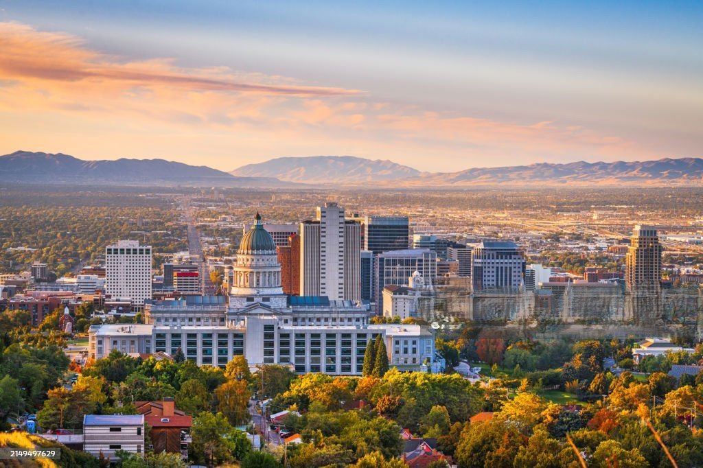 Salt Lake City skyline with downtown buildings and the Wasatch Range
